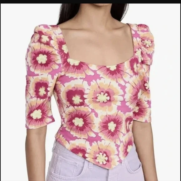 NWT Free People Floral Square-Neck Puff Sleeve Top in Pink - Picture 3 of 5